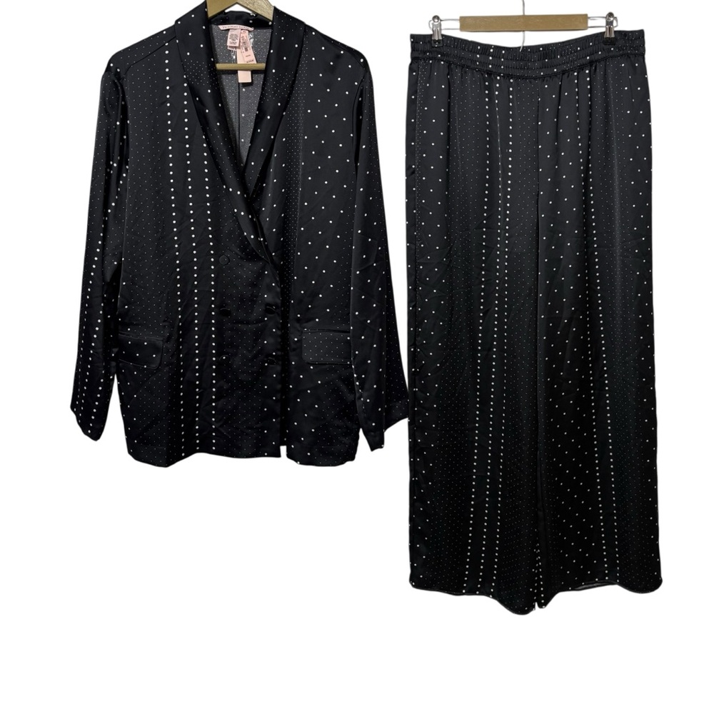 NEW Victorias Secret Size XL Black White Polka Dot Satin Blazer Pant Pajama‎ Set